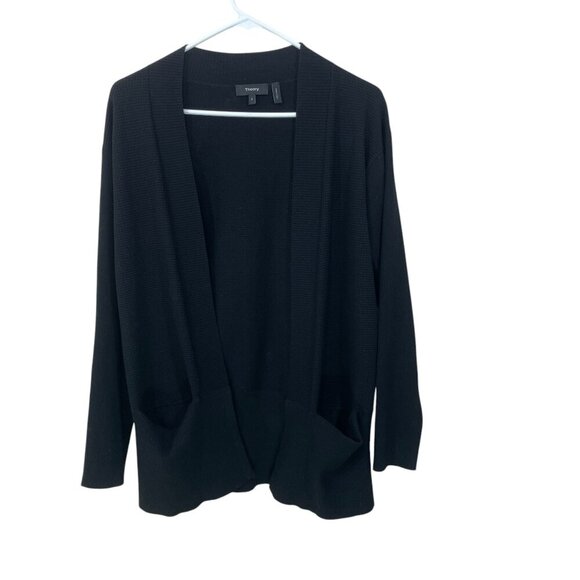 Theory‎  Open Front Cardigan Size Small Black Rib Knit Viscose Blend Pockets - Picture 1 of 5